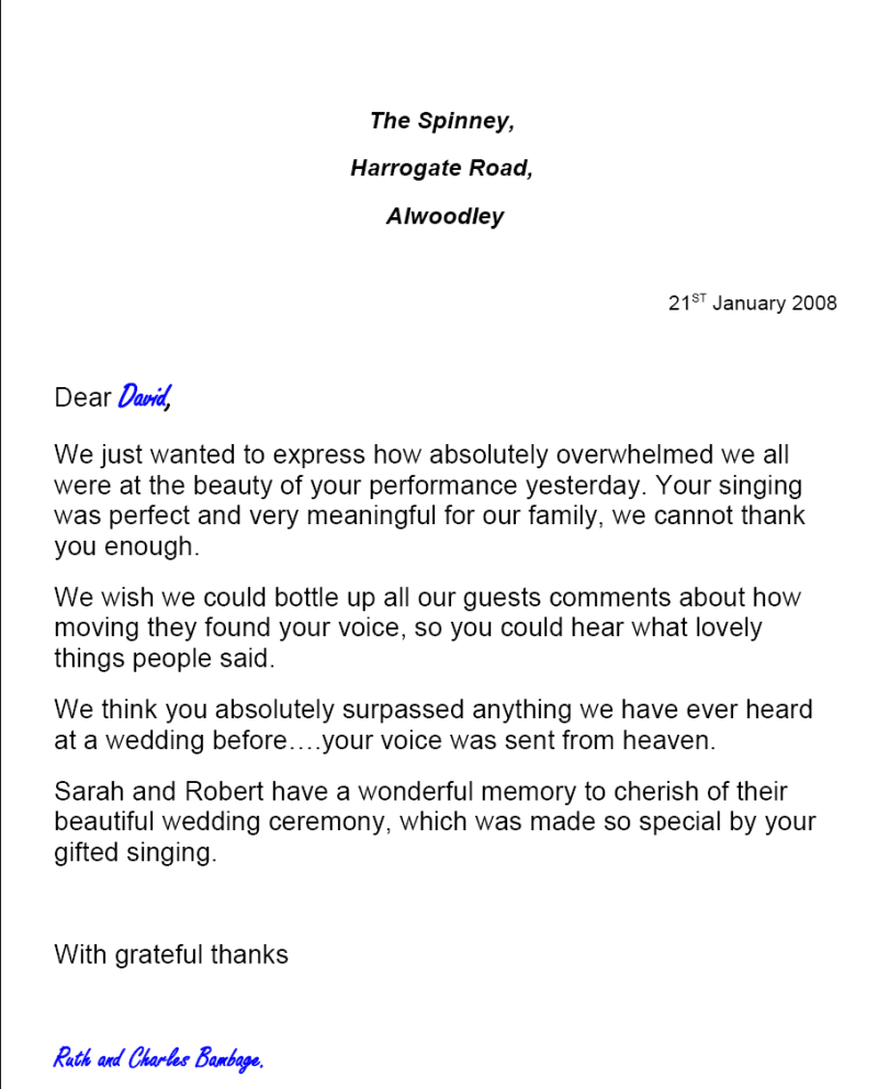 Letter of thanks - Wedding
